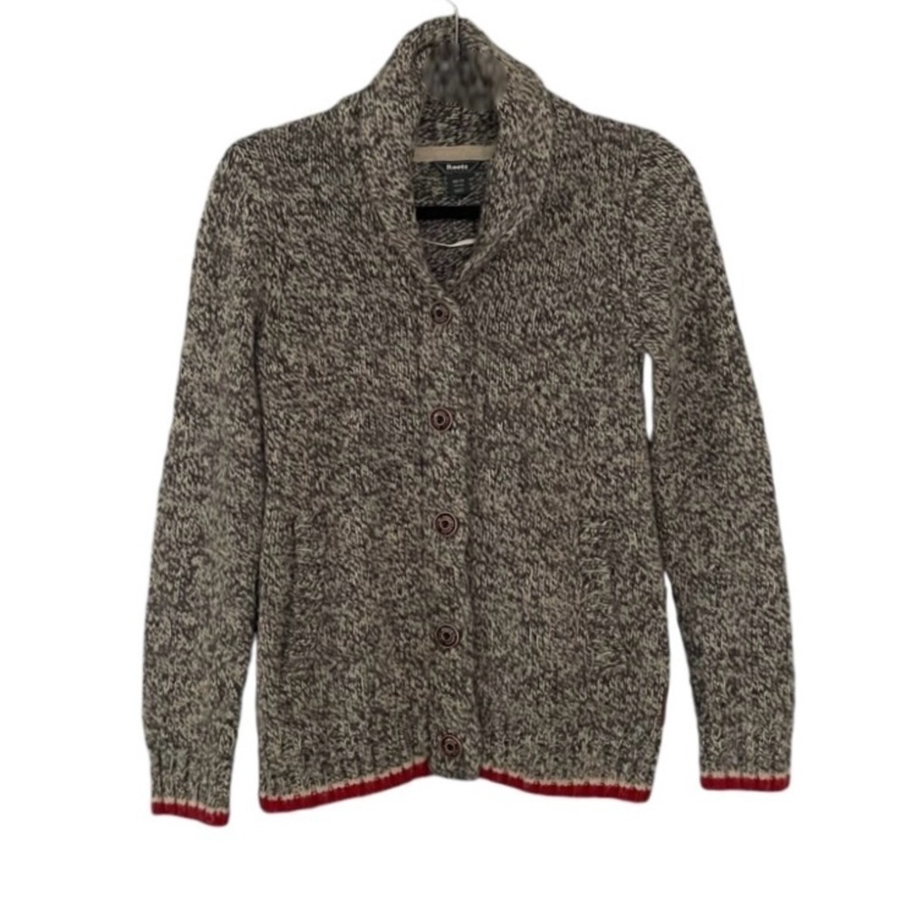 ROOTS Wool Shawl Collar Cardigan Sweater Salt Pepper XS